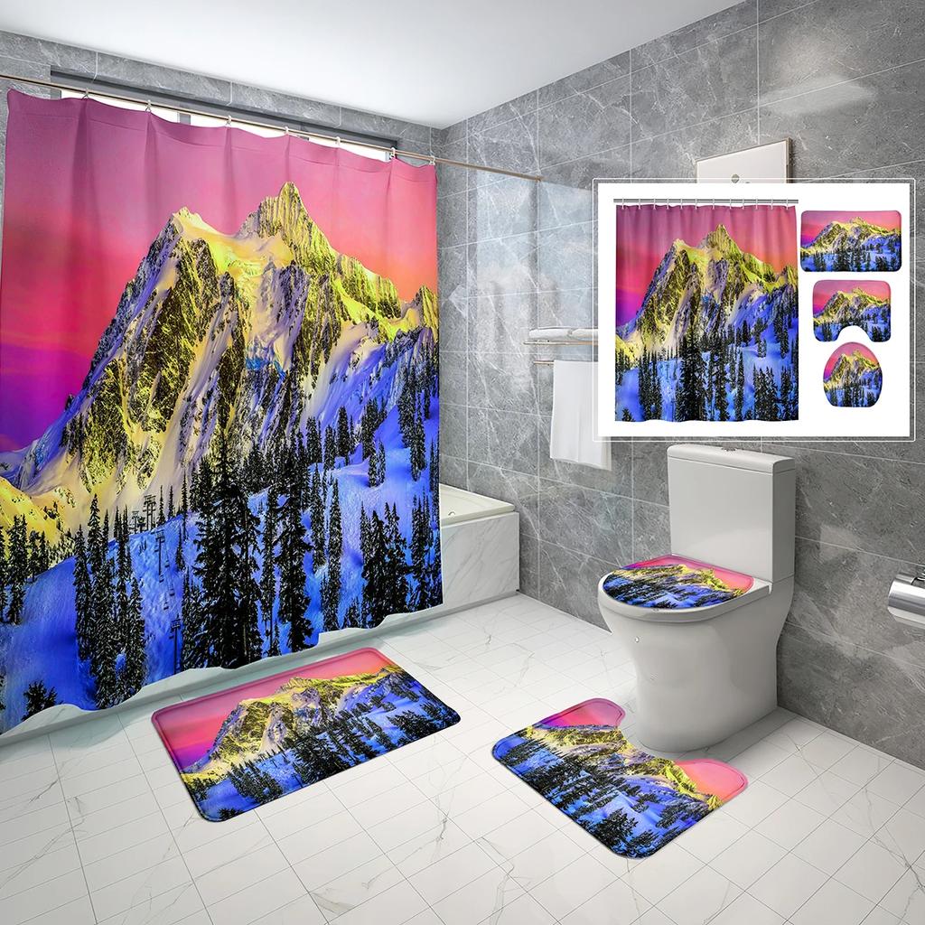 Schneeberg Duschvorhang-Set Schöne Naturlandschaft Duschvorhang Rutschfeste Badematte Toilettendeckelbezug Für Badezimmerdekoration