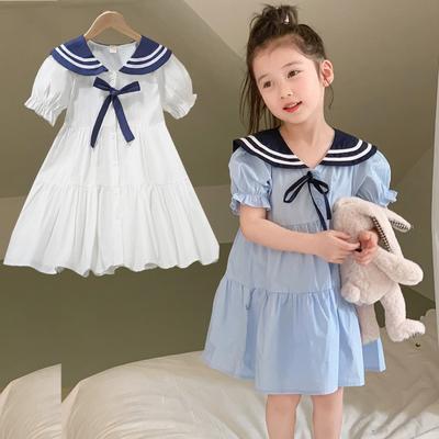 Vestito da ragazza 2024 Abbigliamento estivo per bambini in stile preppy 100% cotone Abiti casual in cotone con risvolto per bambini