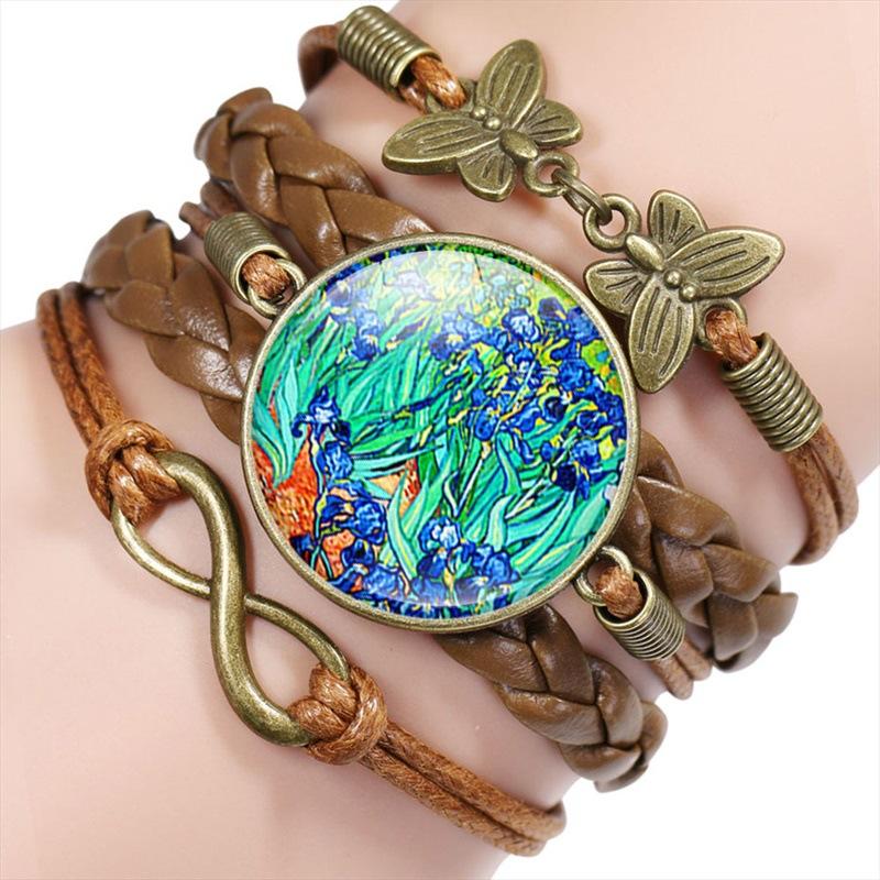 Vintage Handmade Leather Multi Layer Bracelet Butterfly Infinity Design Van Gogh Painting Crystal Bangle Jewelry Set