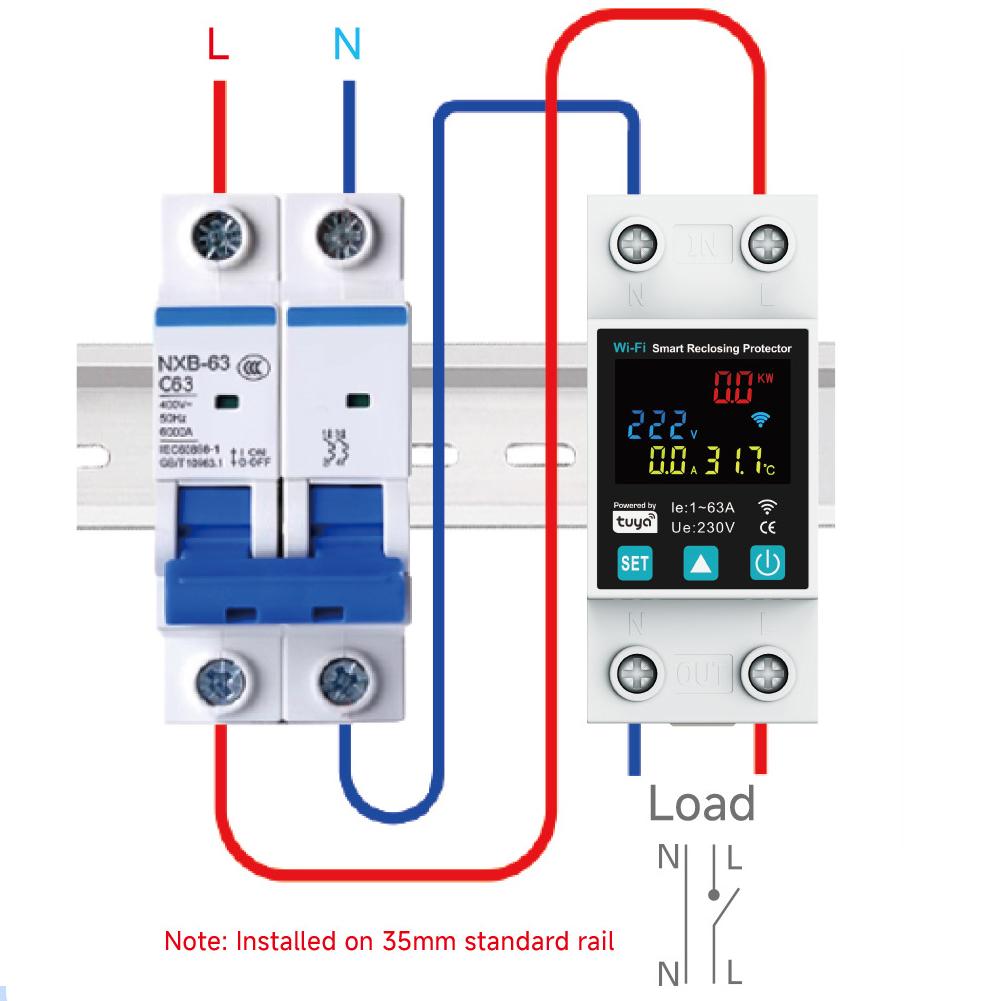 Tuya Smart WIFI 2P 1-63A Adjustable Circuit Breaker Earth Leakage Over Under Voltage Protector Relay Switch Energy kWh Meter