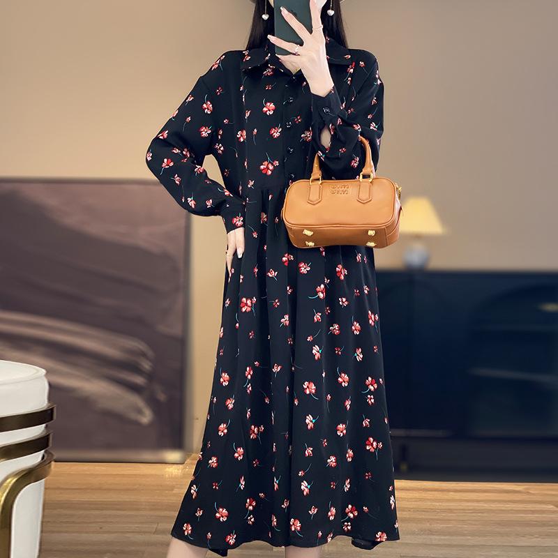 Květinové středně dlouhé šaty s dlouhým rukávem pro ženy, jaro a léto, nový polo límeček, temperamentní francouzský styl