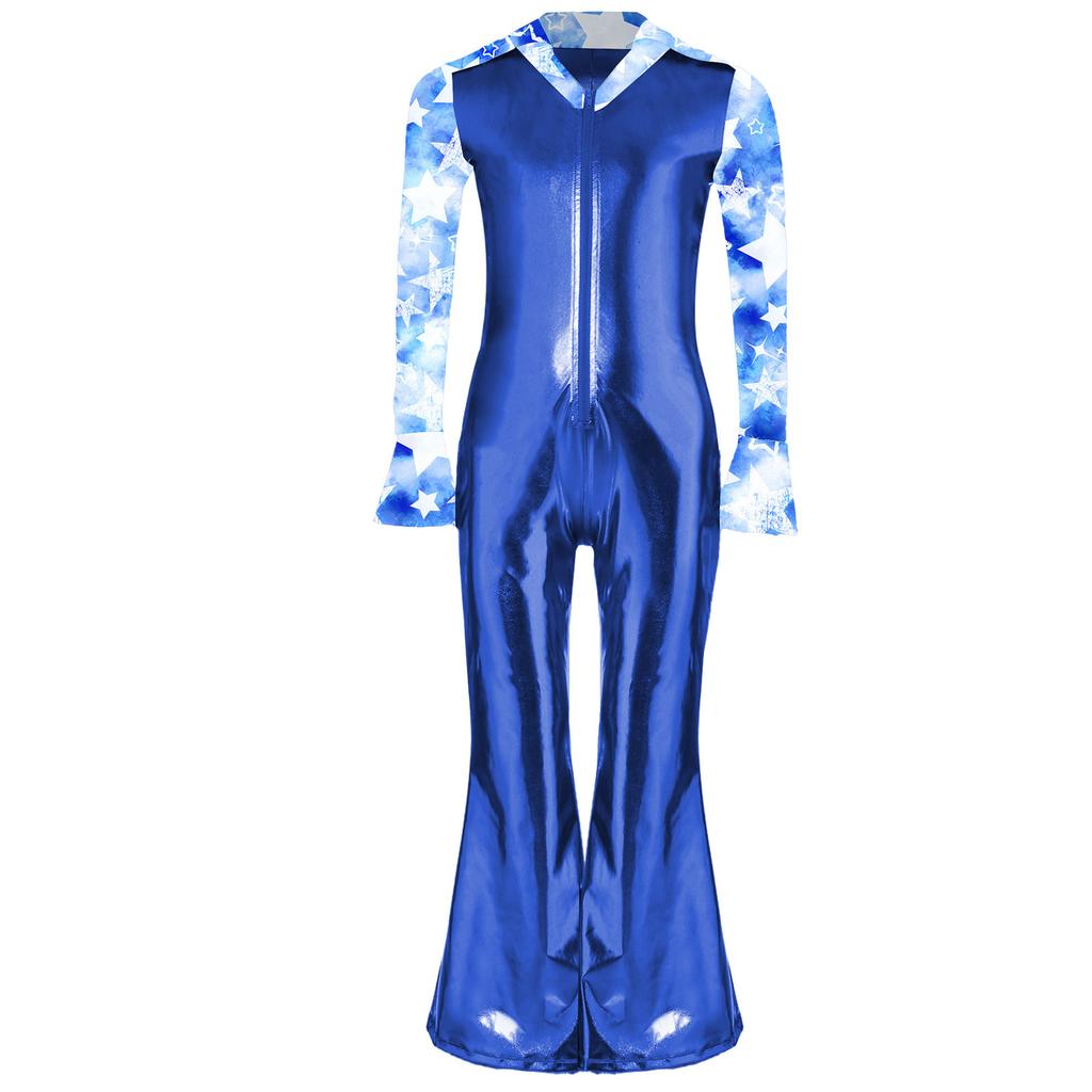 Boys Disco Costume Patchwork Printed Design Shiny Metallic Lapel Collar Long Flare Sleeve Bell Bottomed Pants Jumpsuit