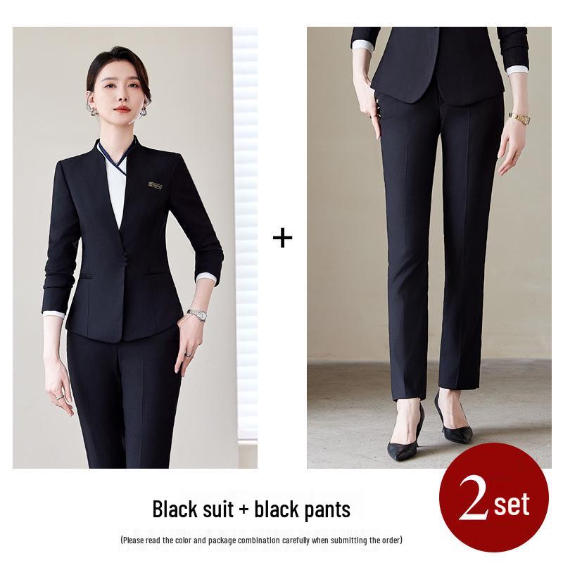 Women's Black Suit Set for Professional Reception & Hotel Work, Spring to Winter Attire.