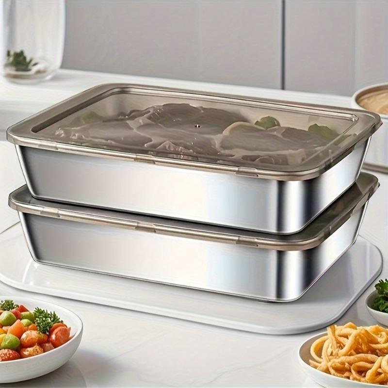 

Stainless Food Containers 2pc: Leakproof Stackable Dishwasher Safe Fruit/Meat/Veg | Fridge/Freezer, Serving Platter Organizer