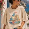 Patchwork Sailboat Shirt, Coastal Summer Tee, Vintage Nautical Graphic Tee, Faux Embroidered Boat Shirt, Beach Vacation Oversized T-Shirt