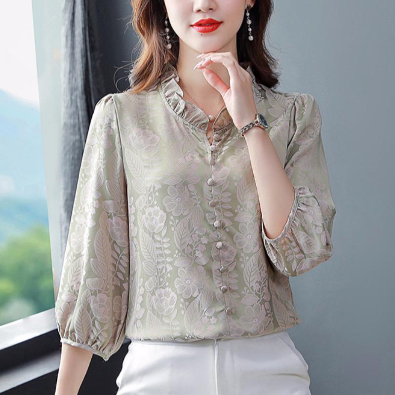 Women's Satin Three-Quarter Sleeve Ruffled V-Neck Top - French Style, Spring Collection, Flattering Fit