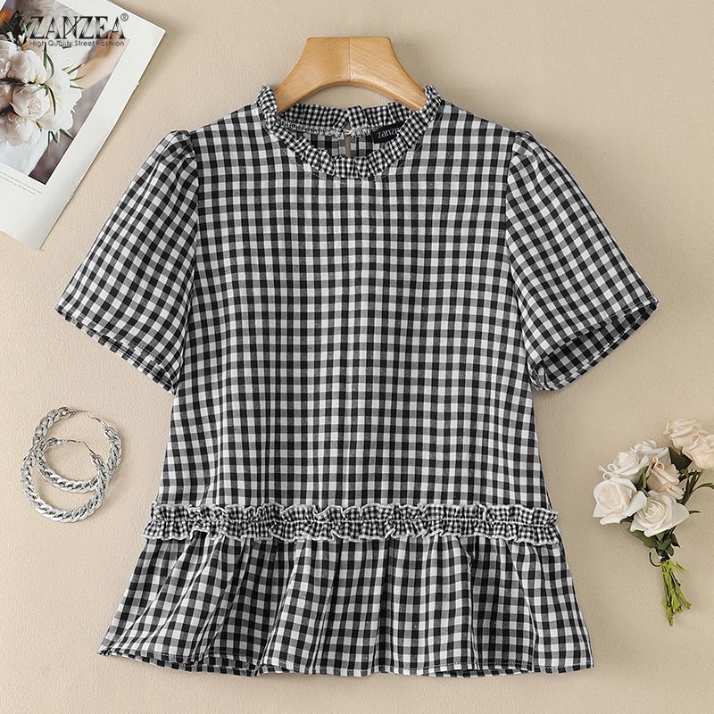 ZANZEA Women Casual Round Neck Plaid Print Loose Short Sleeve Blouse