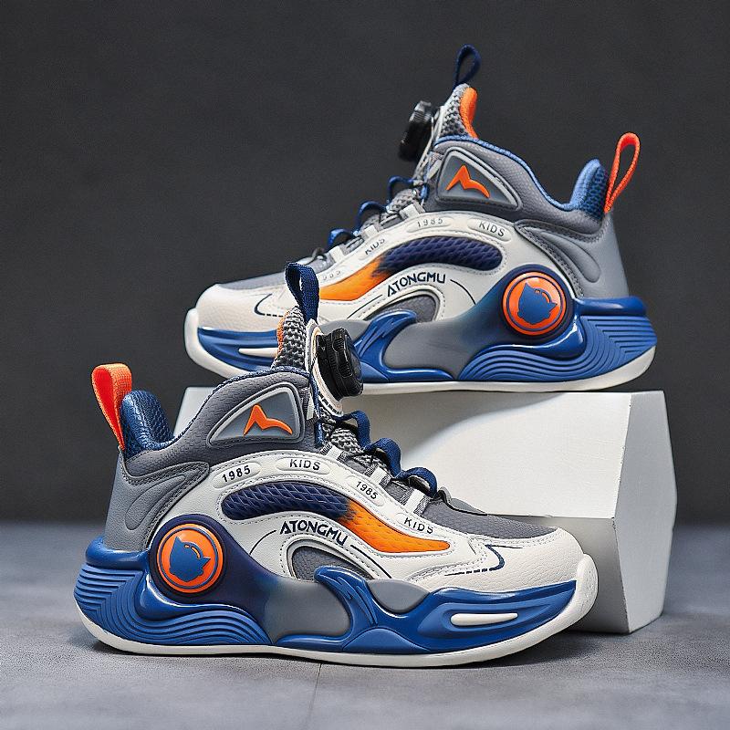 Children's Shoes Autumn New Breathable Leather Sneakers Medium and Large Boys Boys Rotating Buckle Soft Sole Non-slip Basketball Shoes