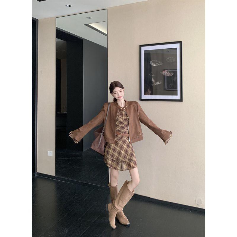 Kumikumi Retro Set Slimming Long sleeve Outerwear Women Autumn Irregular Plaid Long sleeve Dress Two-piece Set