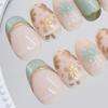 Green Cat Eyes Press On Nails Elegant 3D Gold Floral French Tips Oval False Nails with Jelly Glue Acrylic Press On Nails Kit for Women