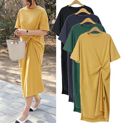 Tooxika Medium-length Dress Women Cotton Loose Casual Split Short-sleeved Large Size Knee-length Lazy Wind T-shirt Dresses