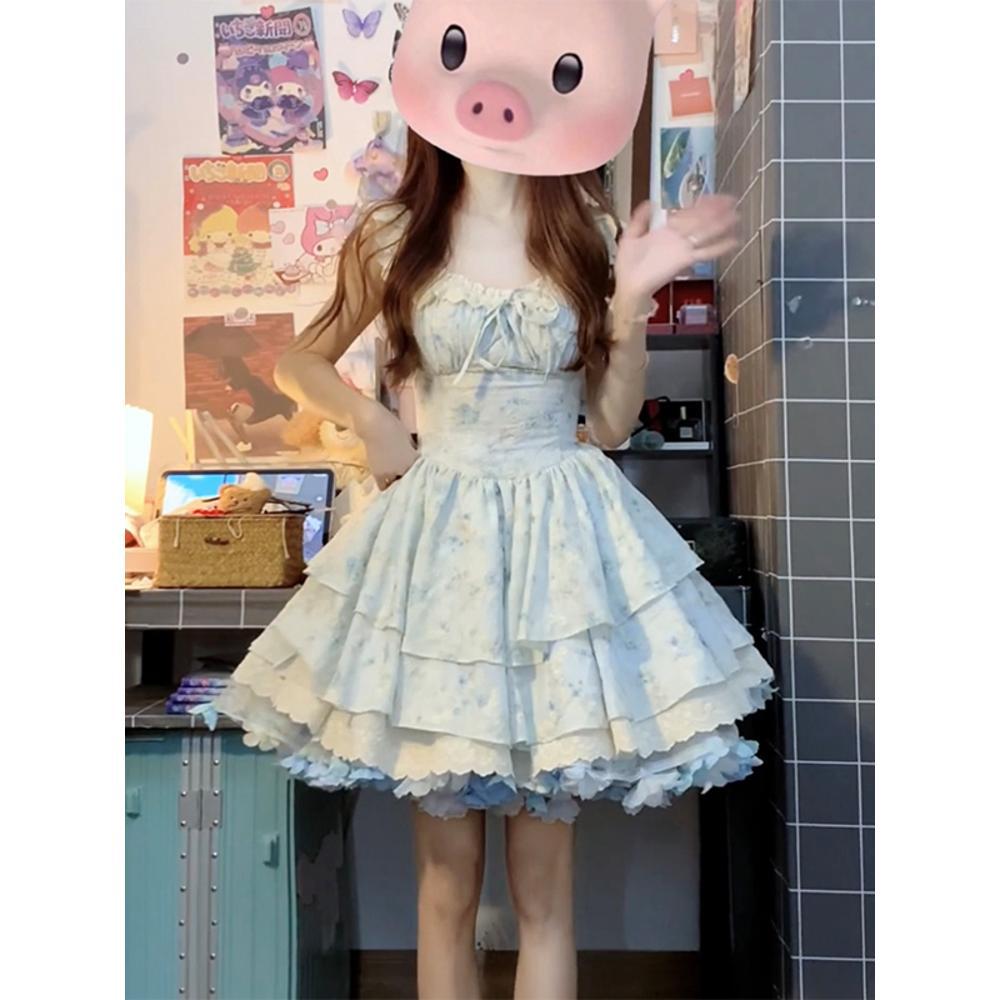 

Платье с цветочным принтом Pure desire женское летнее милое кружевное короткое платье кэжуал, стройнящее талию, платье принцессы-торта XL- (recommended 110-60kg) синий