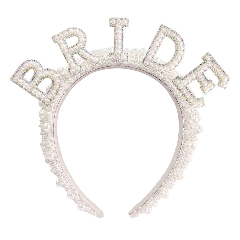 2026 Fashion Bride Bachelor Party, Bride Pearl Crystal Shoulder Strap Veil Headband Ribbon