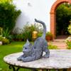 Cat Stretching Statue Resin Cat Figurine With Bell On Tail Outdoor Animal Sculptures For Yard Entryway Desk Living Room Balcony