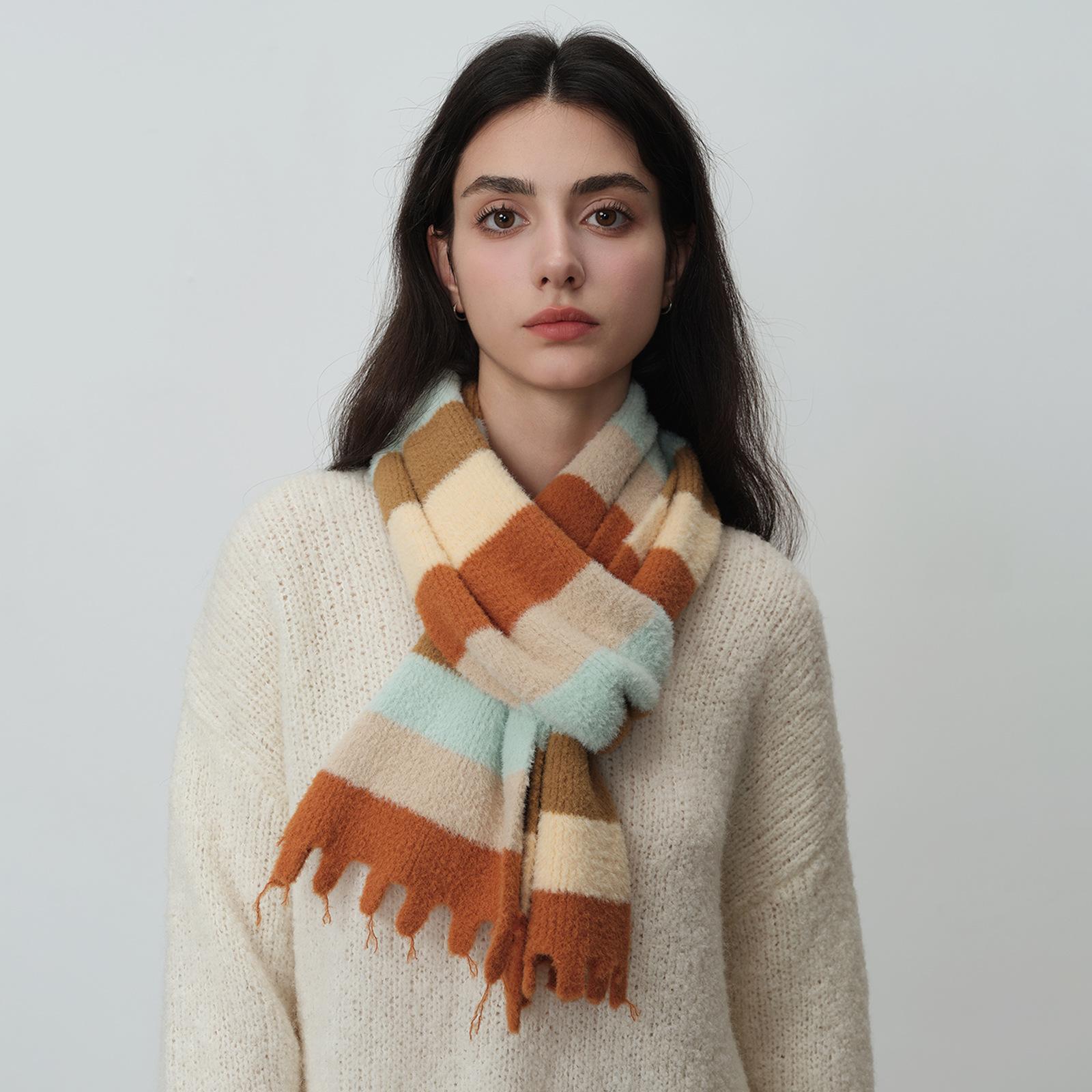 

New retro versatile unisex winter rainbow age-reducing fringed striped knitted scarf