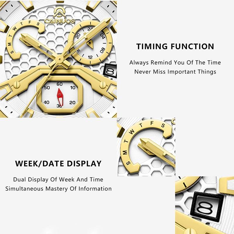Mens Quartz Watch Waterproof Luminous Display Week/Date Stainless Steel Strap Casual Wristwatches