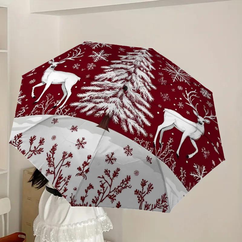 1pc Christmas Scene with Snowy Tree and Deer Umbrella with Plastic Handle,Suitable for All Seasons Home Travel Outdoor UmbrellaDD1298