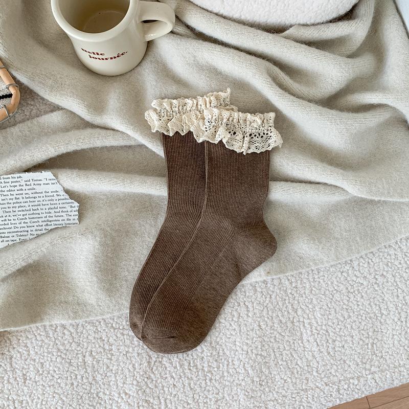 Autumn Socks Japanese Students Lace Double Needle Tube Socks Female Sweet Lolita Jk Wind Pile Socks