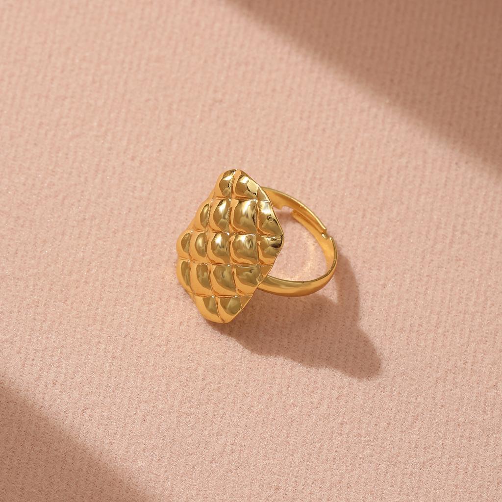 Golden Plated Quilted Textured Open Adjustable Ring for Women Luxury Statement Jewelry Gift