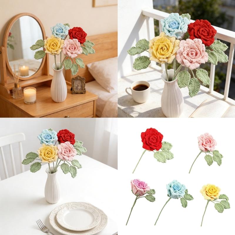 Handmade Knitted Flower Crochet Rose Flowers Artificial Flowers Home Decors Single Rose Flower Gift for Birthday Wedding