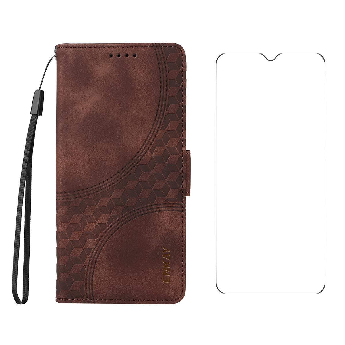 

For Xiaomi Poco C75 4G/Redmi 14R 5G/14C 4G Wallet Case ENKAY Imprint PU Leather Phone Stand Cover with Tempered Glass Brown