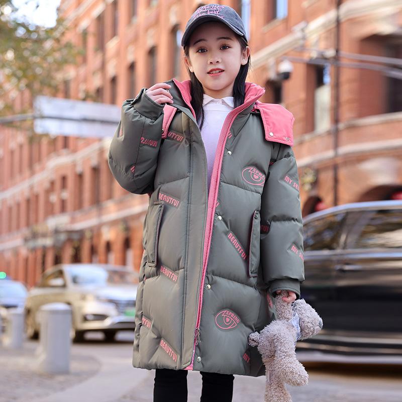 Dívčí zimní péřový kabát, silný a dlouhý, udrží děti v teple.