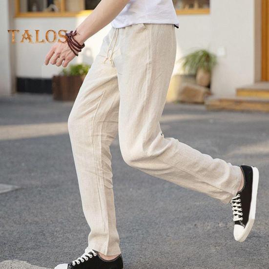 Men's Linen Casual Pants Solid Color Straight Leg Trousers Drawstring Waist Thin Summer Pants for Streetwear Travel Vacation