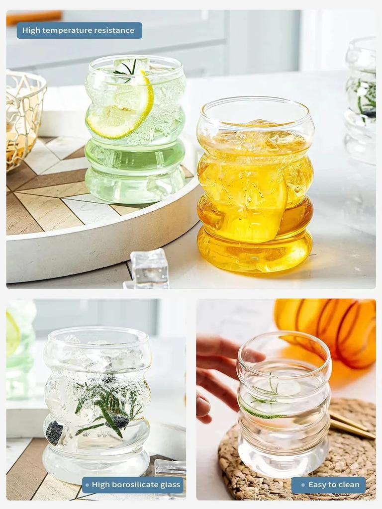 2/4 Stück Wellenform Getränkegläser mit Strohhalmen Vintage Glasbecher Riffelglas Trinkgläser für Wein Champagner Kaffeebecher