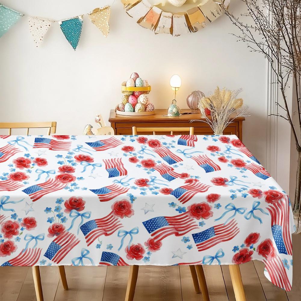 Independence Day Flower Wreath Waterproof Rectangular Tablecloth Red Blue Flower Star USA Flag Tables Cover for Dinner Kitchen