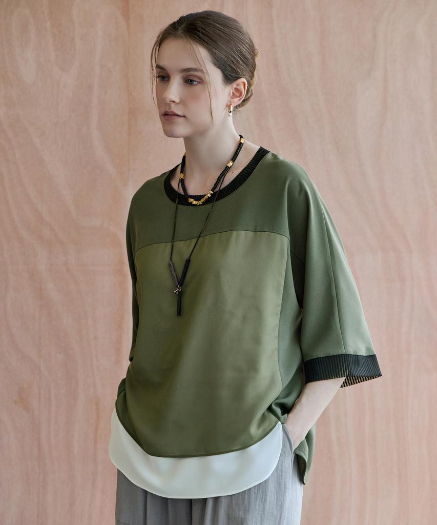 M.GRAF Chiffon Layered Color Block Short Sleeve Loose Fit Blouse