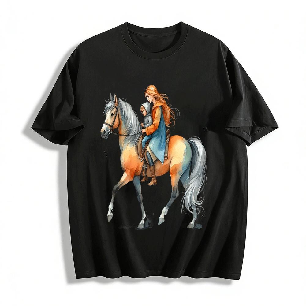 Watercolor Mother And Child Horse Riding Print Casual Top Pure cotton T-shirt XXS