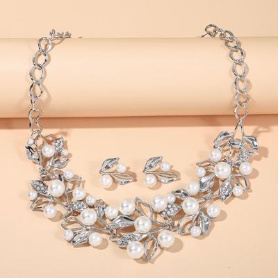 1 Set Bride Statement Necklace Dazzling Rhinestone Gift Adjustable Good-looking Glossy Faux Pearl Stud Earrings Kit Bridal Jewelry