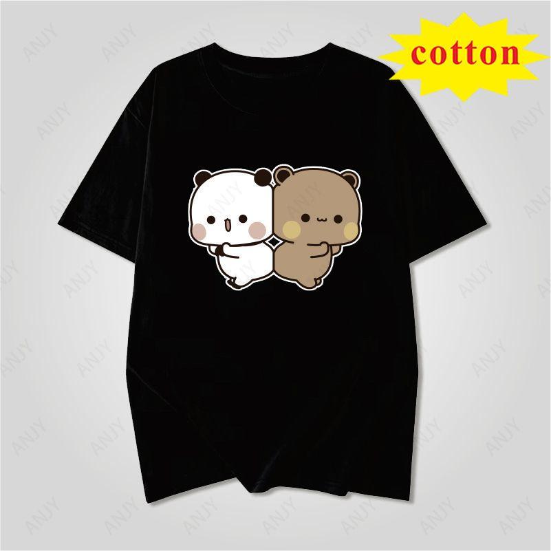 Japanese Soft Cute Animal Tshirt Cute Panda Bear Feeding Cat Pattern Loose Round Neck Top