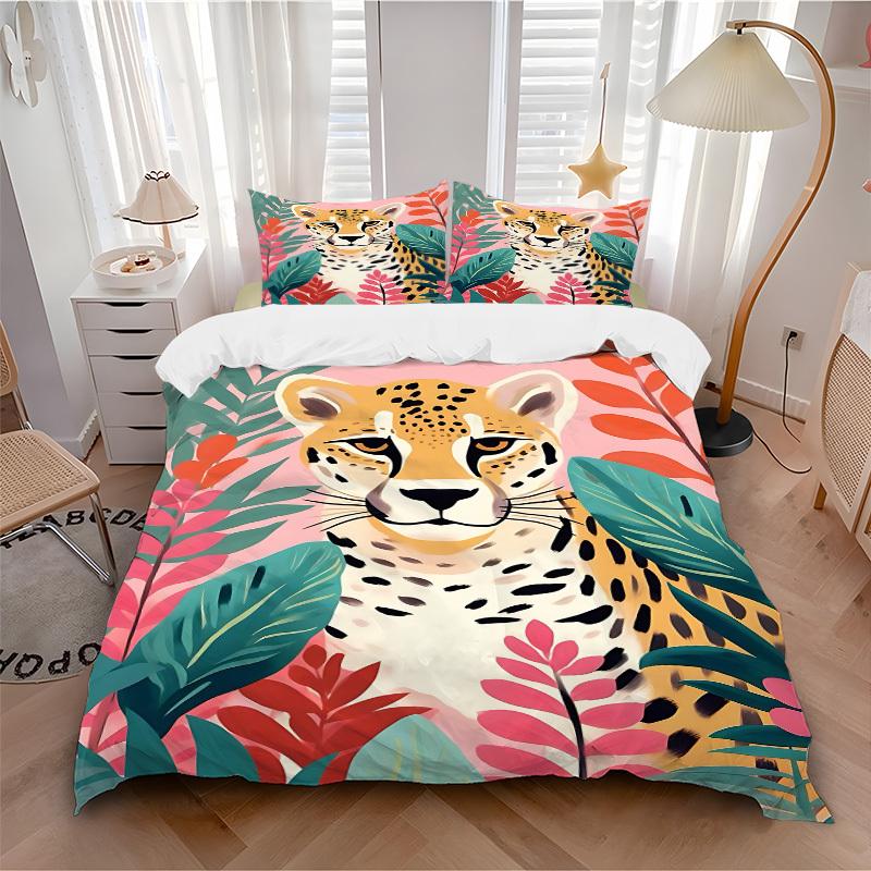 3PCs Cheetah Print Design Cover Set, Breathable Fabric, Machine Washable (1 Duvet Cover + 2 Pillowcases) (Without Quilt) yy250911163