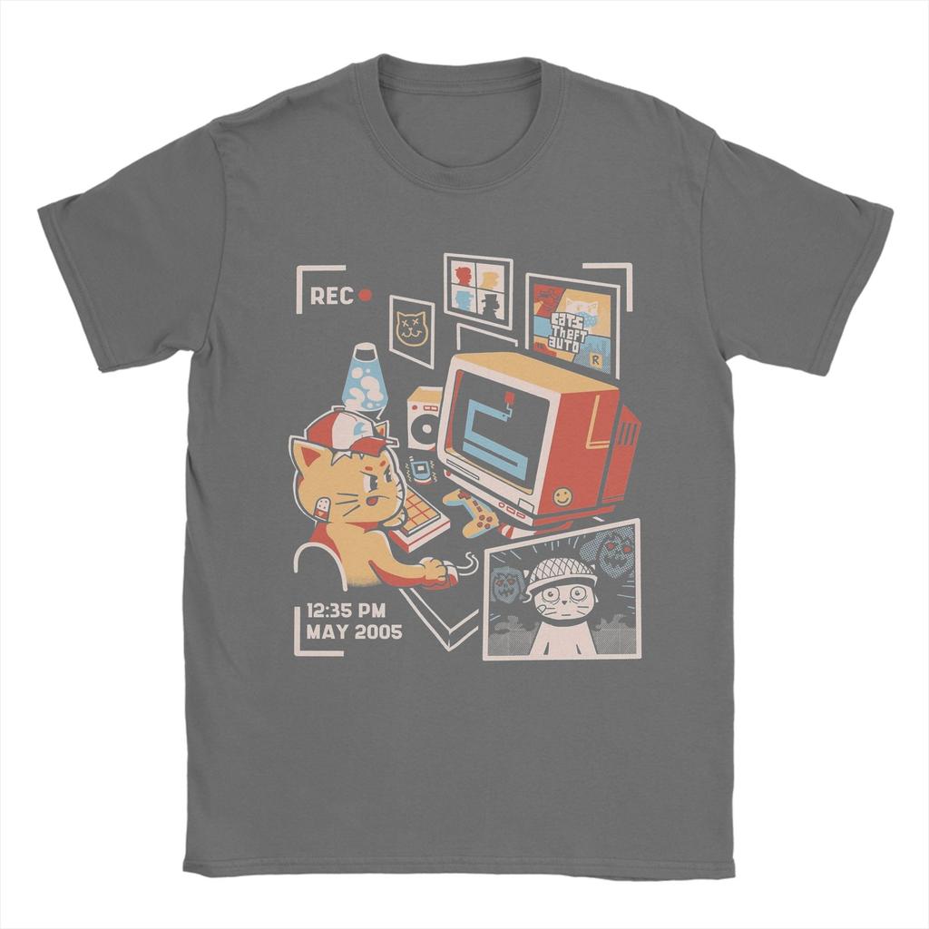 Cat Playing Computer Games T Shirt Men's 100% Cotton Funny T-Shirts Crew Neck Tees Short Sleeve Clothing Plus Size