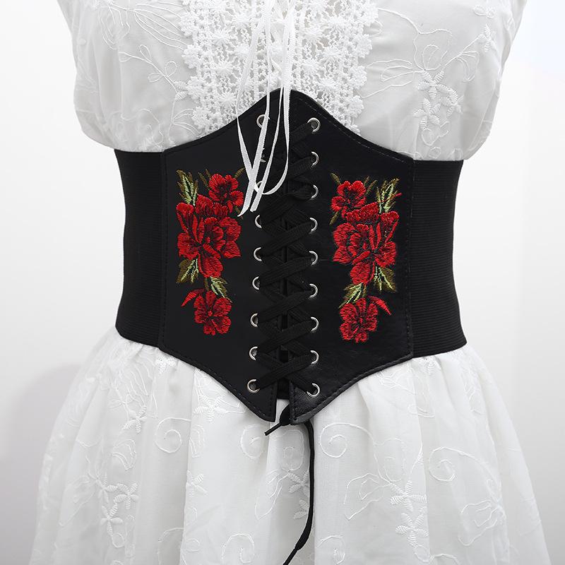 High-End Black Heart-Shaped Lady's Shirt with Elastic Waist and Embroidered Retro Corset Belt
