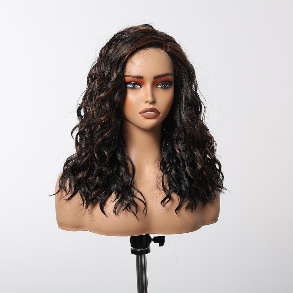 ALAN EATON Medium Length Lace Synthetic Wigs Wavy Red Brown Highlight Wig for Black White Women Natural High Density 18inch