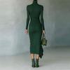 Women's Color Round Neck Long Sleeved Waist Cinched Dress
