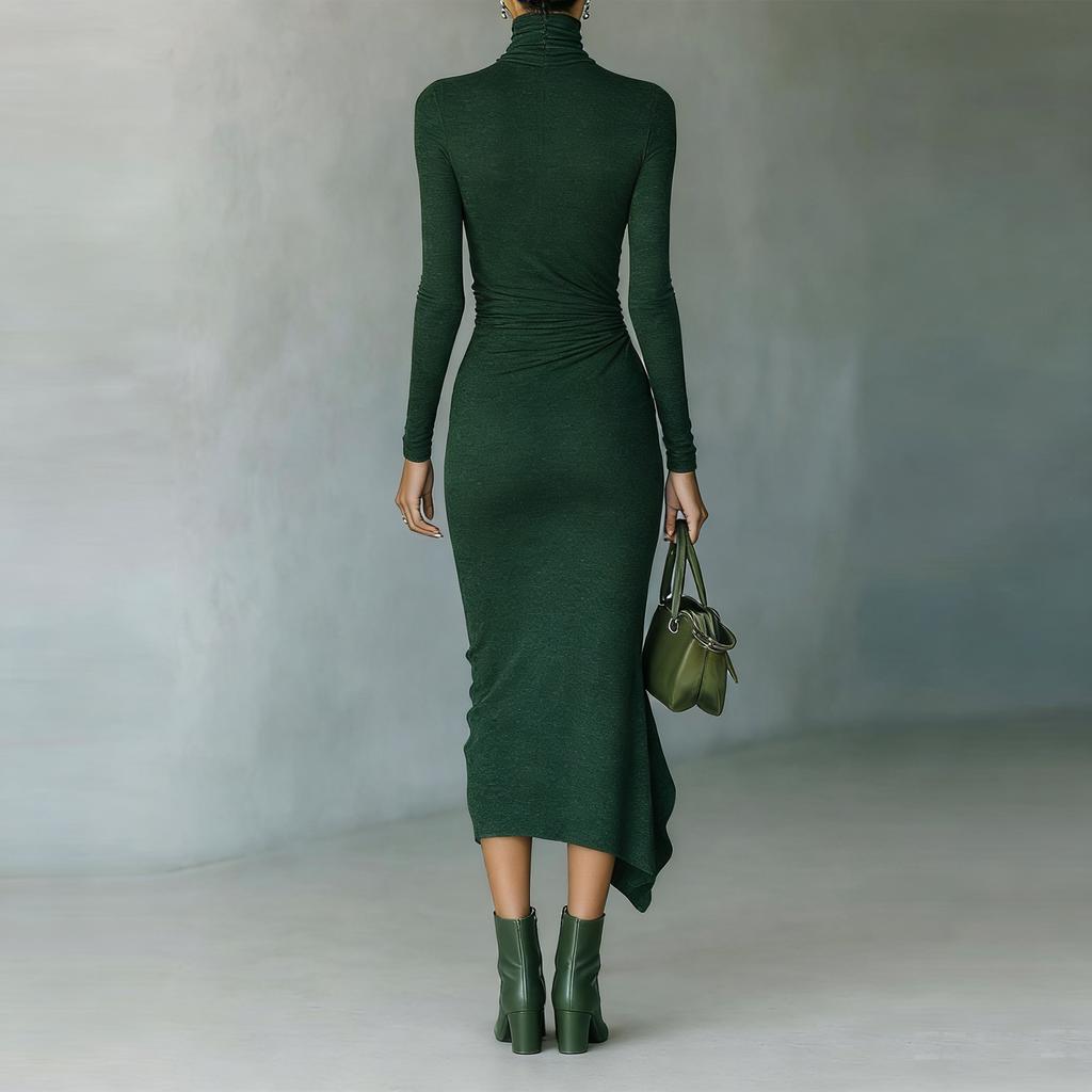 Women's Color Round Neck Long Sleeved Waist Cinched Dress