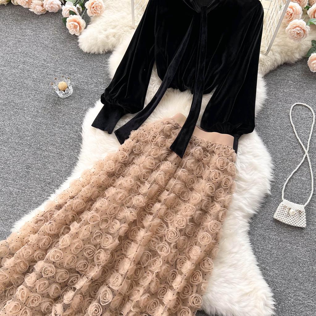 Korean Three-Dimensional Flower High Waist Slim Skirt Loose Bubble Sleeve Velvet Top Sweet Suit Skirt Two-Piece Set