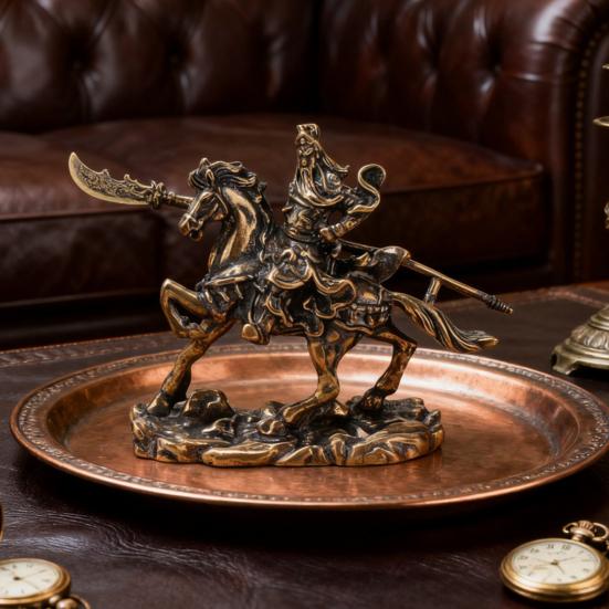 Brass General Figurine Retro Guan Yu on War Horse Statue Distressed Desktop Sculpture Collectible for Bookshelf Cabinet Display