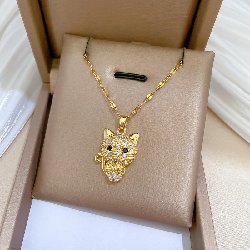 Bow Kitten Light Luxury Temperament Gorgeous Full Diamond Necklace Female Versatile Collarbone Chain Titanium Steel Chain