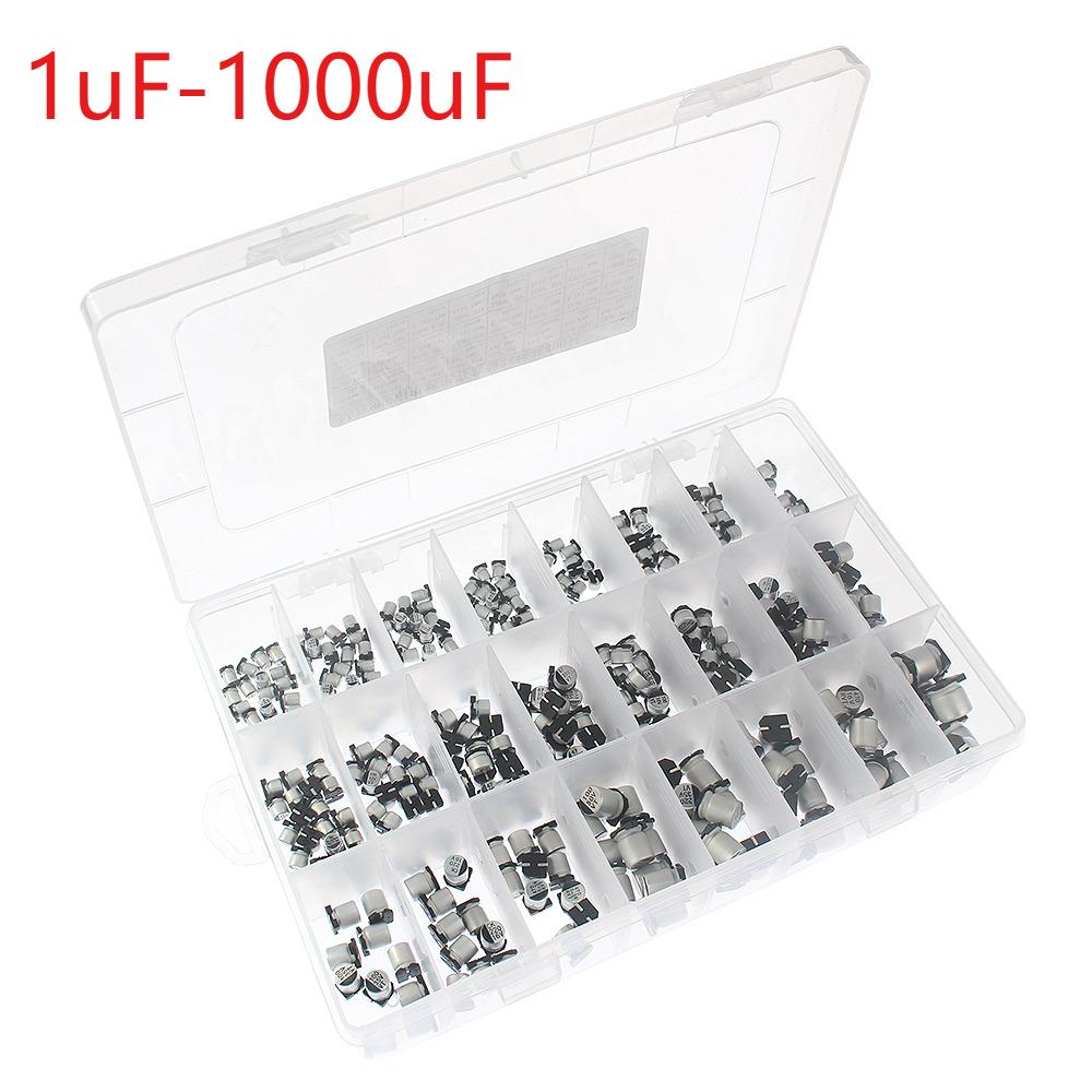

400PCS 24 Values SMD Electrolytic Capacitor Aluminum 6.3V 10V 16V 25V 35V 50V 1uF 4.7uF 10uF 47uF 100uF 220uF Capacitors Kit чорний