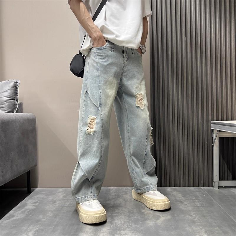 Summer ripped jeans solid color scimitar straight-leg pants men's loose retro wide-leg pants washed jeans