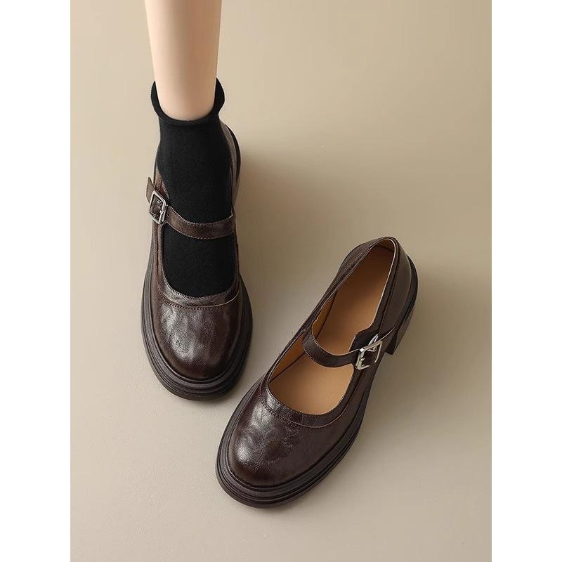 Mary Jane Shoes Women's 2025 Autumn Small Man Thick Sole Height Increase 6.5cm Black Round Head Thick Heel Retro French Small