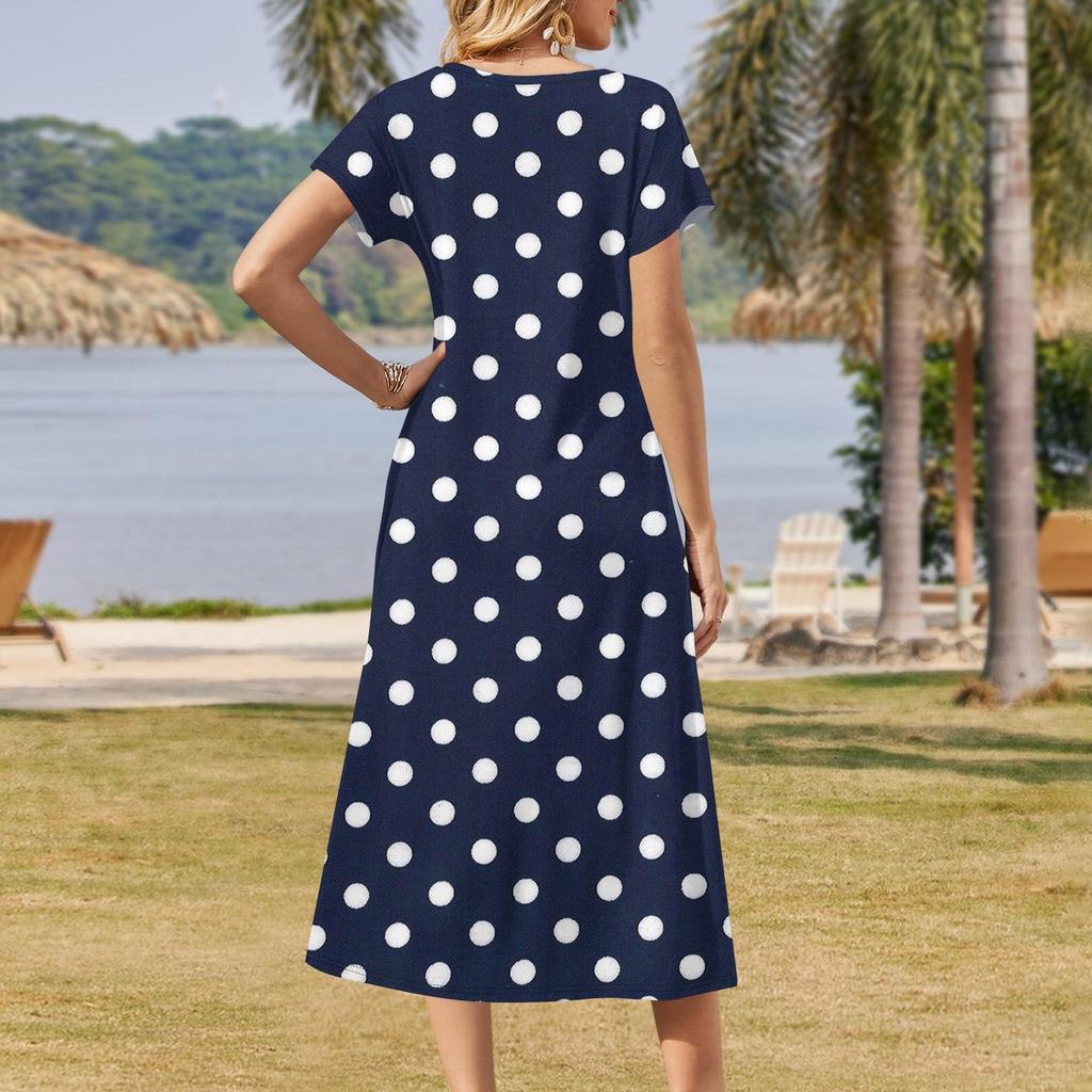 Women's Summer Polka Dot Print Dress Short Sleeve Beach Dress With Pocket Casual V-neck Hem Side Slit Dress