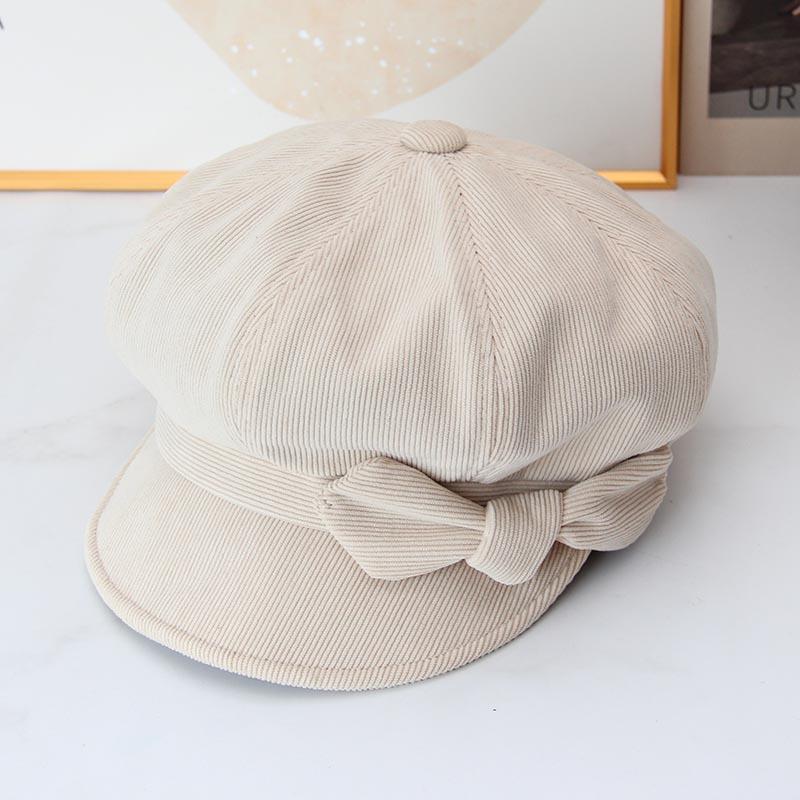 Bow corduroy octagonal hat women's autumn and winter retro newsboy hat wide brim showing face small versatile painter hat