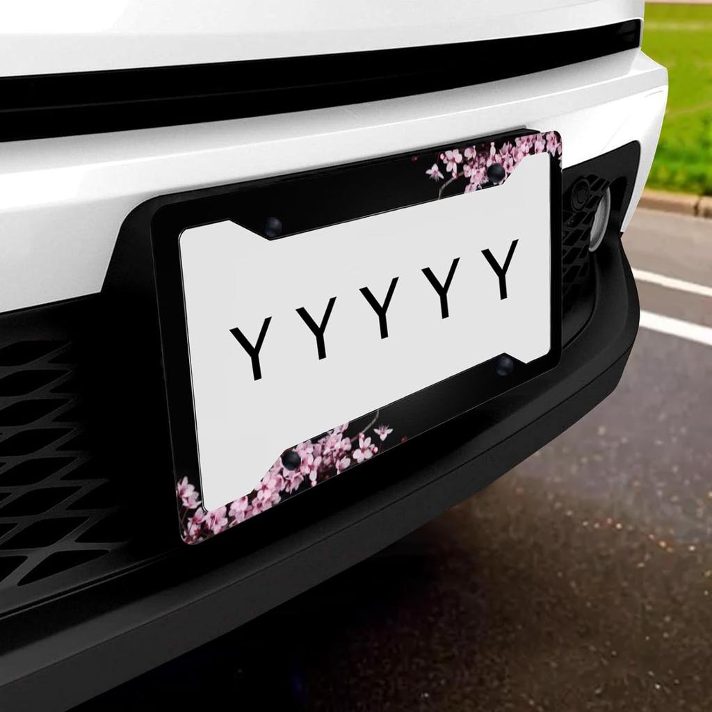 Cherry Blossom License Plate Frame Pink License Plate Cover Funny Auto Accessory Bracket Aluminum Metal Black License Plate Frames For Women Men (Set