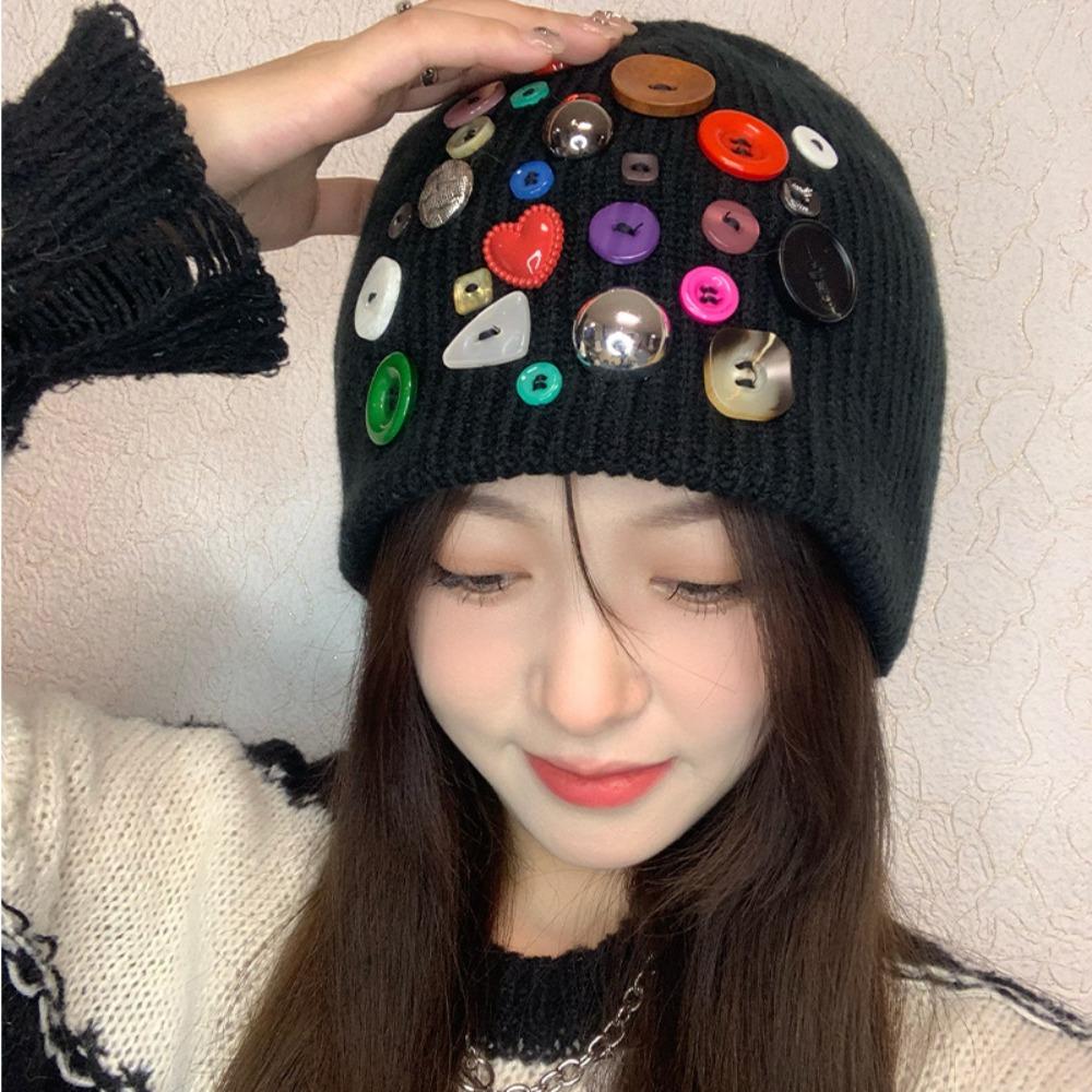 Colorful Button Beanie Hat Cuffed Personality Cold Cap Fashion Knitted Hat