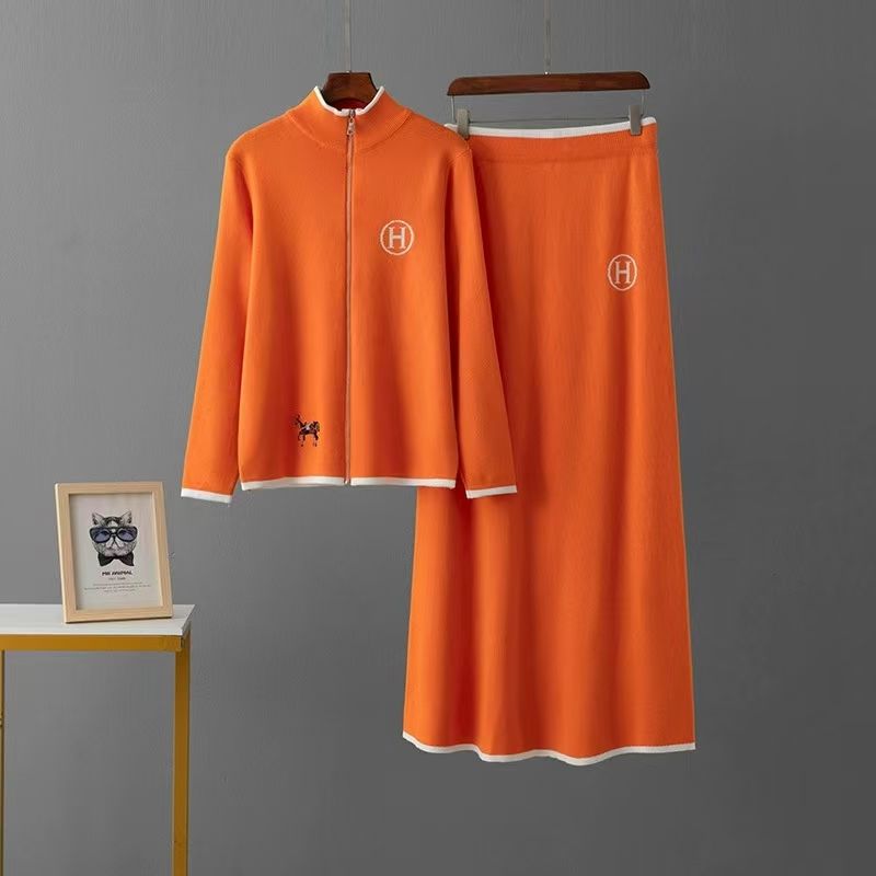 

Модный вязаный свитер и юбка, комплект из двух предметов, вязаный свитер на молнии и юбка Orange One size